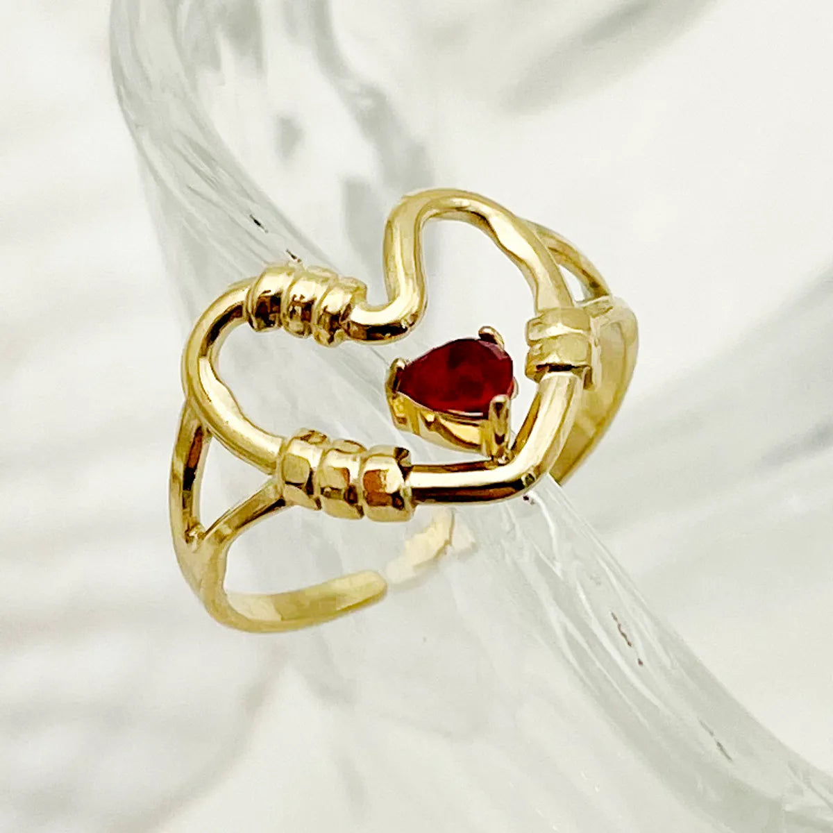 Wholesale Jewelry Casual Korean Style IG Style Heart Shape 304 Stainless Steel Zircon 14K Gold Plated Plating Hollow Out Inlay Open Rings