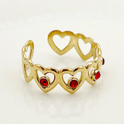 Wholesale Jewelry Casual Korean Style IG Style Heart Shape 304 Stainless Steel Zircon 14K Gold Plated Plating Hollow Out Inlay Open Rings