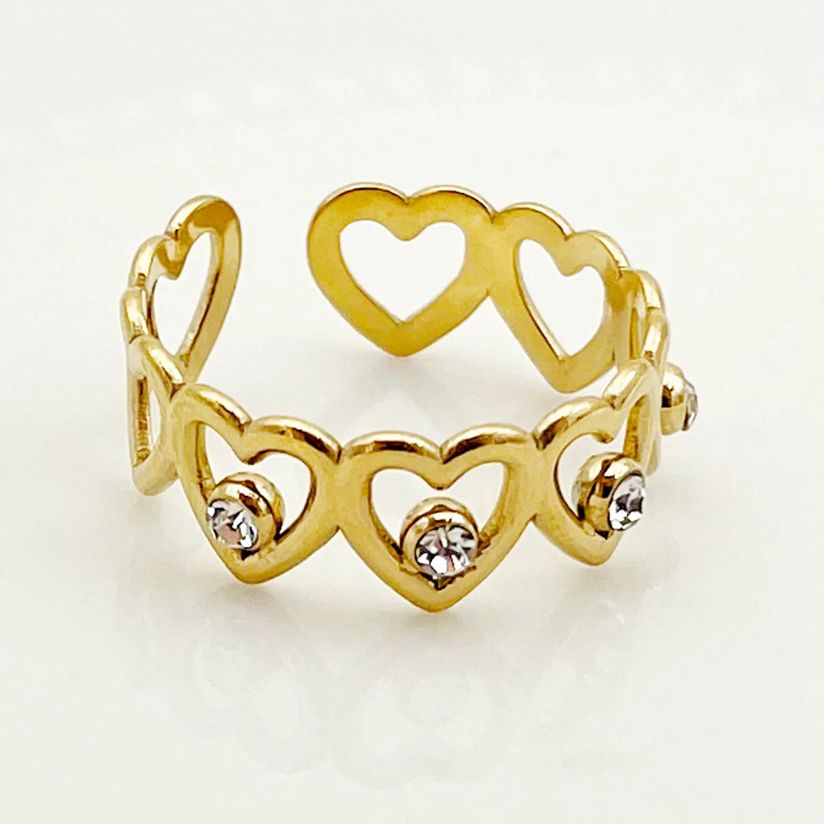 Wholesale Jewelry Casual Korean Style IG Style Heart Shape 304 Stainless Steel Zircon 14K Gold Plated Plating Hollow Out Inlay Open Rings