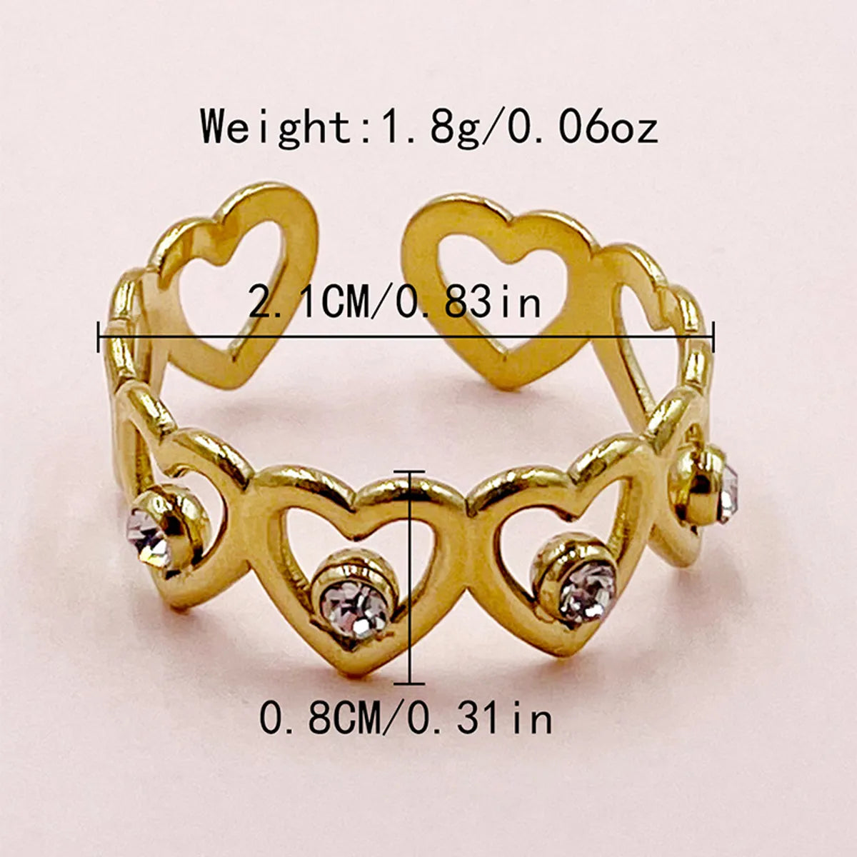 Wholesale Jewelry Casual Korean Style IG Style Heart Shape 304 Stainless Steel Zircon 14K Gold Plated Plating Hollow Out Inlay Open Rings