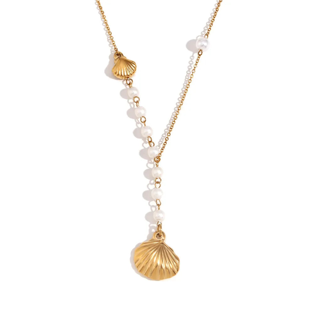 Wholesale Jewelry Casual Marine Style Shell 304 Stainless Steel 18K Gold Plated Pearl Pendant Necklace