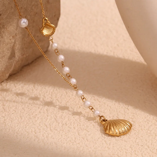 Wholesale Jewelry Casual Marine Style Shell 304 Stainless Steel 18K Gold Plated Pearl Pendant Necklace