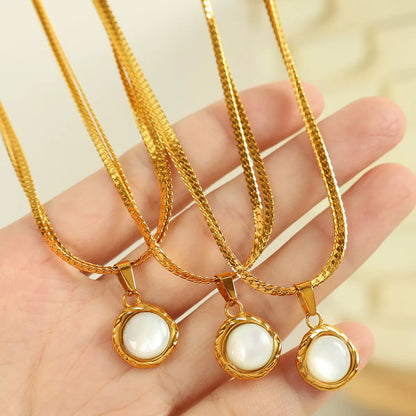 Wholesale Jewelry Casual Novelty IG Style Oval 304 Stainless Steel Shell 18K Gold Plated Polishing Inlay Double Layer Necklaces