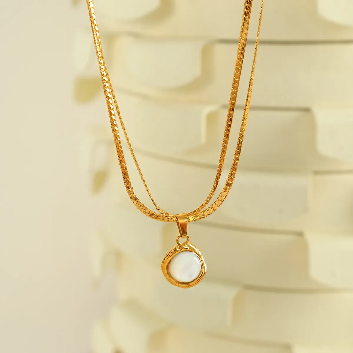 Wholesale Jewelry Casual Novelty IG Style Oval 304 Stainless Steel Shell 18K Gold Plated Polishing Inlay Double Layer Necklaces