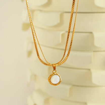 Wholesale Jewelry Casual Novelty IG Style Oval 304 Stainless Steel Shell 18K Gold Plated Polishing Inlay Double Layer Necklaces