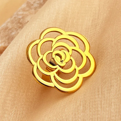 Wholesale Jewelry Casual Retro Simple Style Flower 201 Stainless Steel 18K Gold Plated Hollow Out Adjustable Ring