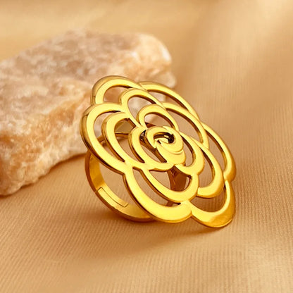 Wholesale Jewelry Casual Retro Simple Style Flower 201 Stainless Steel 18K Gold Plated Hollow Out Adjustable Ring