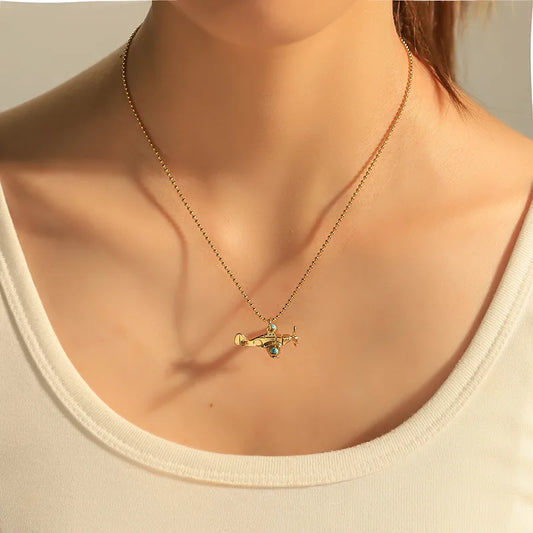 Wholesale Jewelry Casual Simple Style Airplane 304 Stainless Steel Turquoise 14K Gold Plated Inlay Pendant Necklace