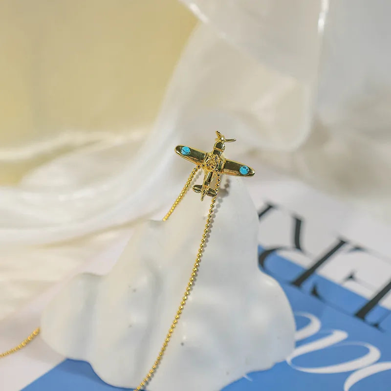 Wholesale Jewelry Casual Simple Style Airplane 304 Stainless Steel Turquoise 14K Gold Plated Inlay Pendant Necklace