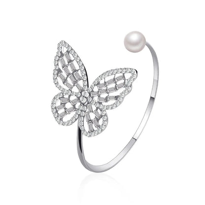 Wholesale Jewelry Casual Simple Style Butterfly Alloy Rhinestones Pearl Plating Hollow Out Inlay Bangle