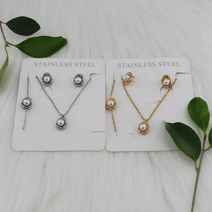 Wholesale Jewelry Casual Simple Style Classic Style Round 304 Stainless Steel Pearl Gold Plated Inlay Jewelry Set