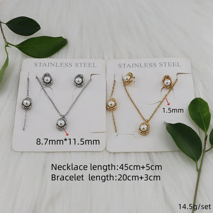 Wholesale Jewelry Casual Simple Style Classic Style Round 304 Stainless Steel Pearl Gold Plated Inlay Jewelry Set