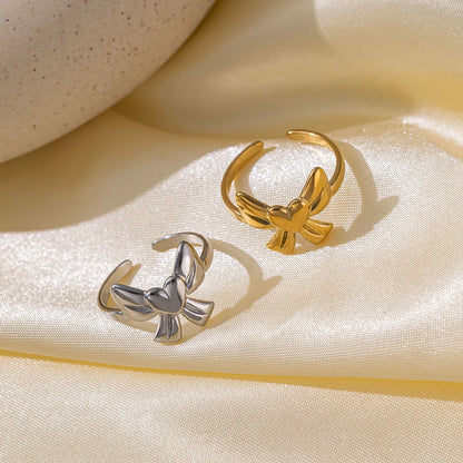 Wholesale Jewelry Casual Simple Style Commute Heart Shape Bow Knot 304 Stainless Steel 18K Gold Plated Polishing Plating Open Rings