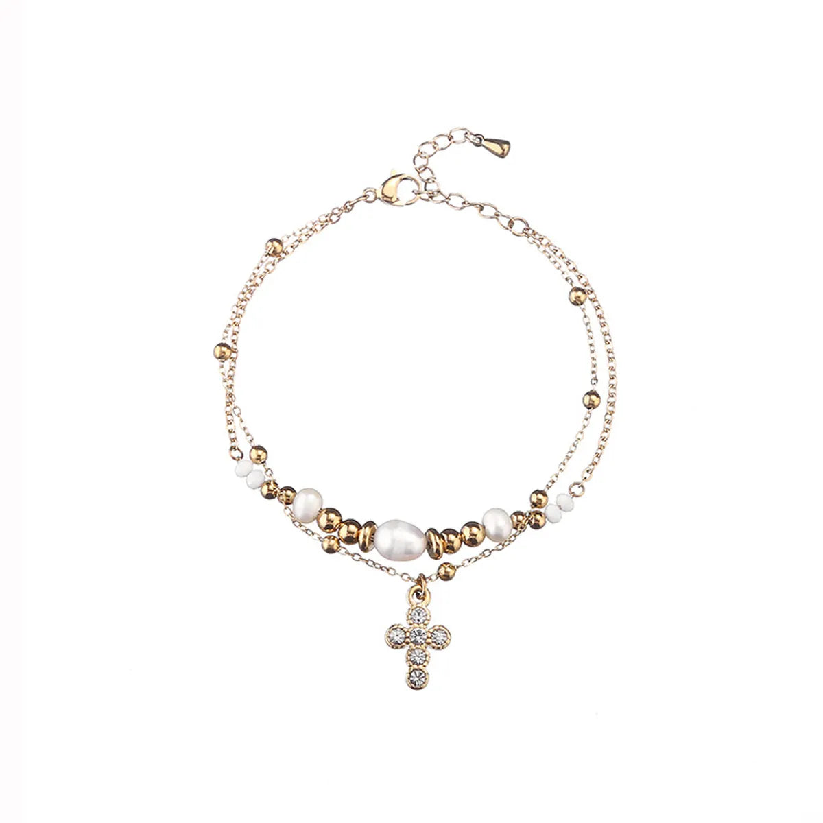 Wholesale Jewelry Casual Simple Style Cross 304 Stainless Steel Rhinestones Gold Plated Pearl Chain Inlay Bracelets Necklace