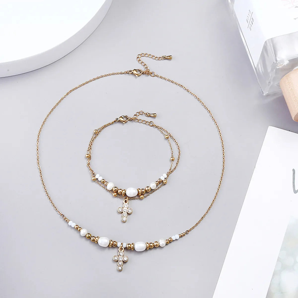 Wholesale Jewelry Casual Simple Style Cross 304 Stainless Steel Rhinestones Gold Plated Pearl Chain Inlay Bracelets Necklace