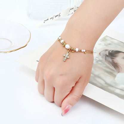 Wholesale Jewelry Casual Simple Style Cross 304 Stainless Steel Rhinestones Gold Plated Pearl Chain Inlay Bracelets Necklace