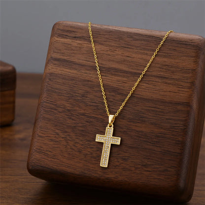 Wholesale Jewelry Casual Simple Style Cross Titanium Steel Zircon Inlay Pendant Necklace