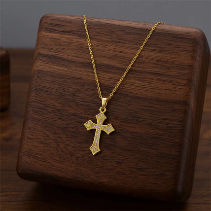 Wholesale Jewelry Casual Simple Style Cross Titanium Steel Zircon Inlay Pendant Necklace