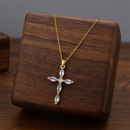 Wholesale Jewelry Casual Simple Style Cross Titanium Steel Zircon Inlay Pendant Necklace