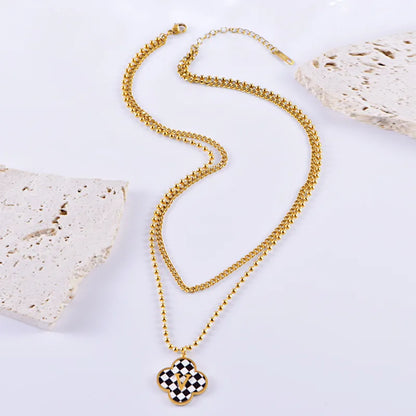 Wholesale Jewelry Casual Simple Style Four Leaf Clover Heart Shape Checkered Titanium Steel Pendant Necklace