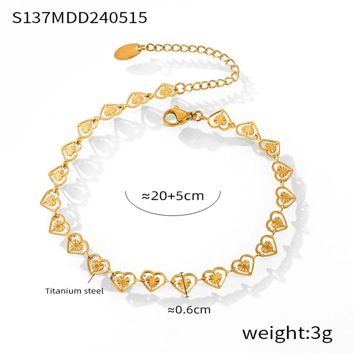 Wholesale Jewelry Casual Simple Style Heart Shape 304 Stainless Steel 18K Gold Plated Plating Hollow Out Carving Anklet