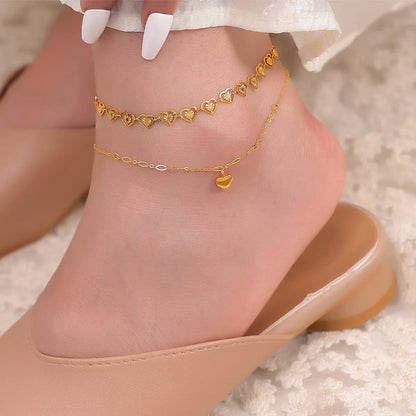 Wholesale Jewelry Casual Simple Style Heart Shape 304 Stainless Steel 18K Gold Plated Plating Hollow Out Carving Anklet