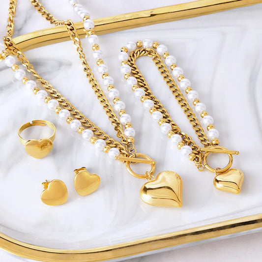 Wholesale Jewelry Casual Simple Style Heart Shape Titanium Steel Pearl Jewelry Set