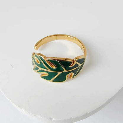 Wholesale Jewelry Casual Simple Style Leaves Eye 304 Stainless Steel 18K Gold Plated Enamel Hollow Out Open Rings