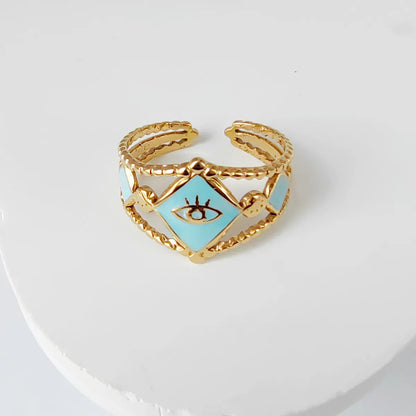 Wholesale Jewelry Casual Simple Style Leaves Eye 304 Stainless Steel 18K Gold Plated Enamel Hollow Out Open Rings