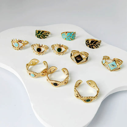 Wholesale Jewelry Casual Simple Style Leaves Eye 304 Stainless Steel 18K Gold Plated Enamel Hollow Out Open Rings