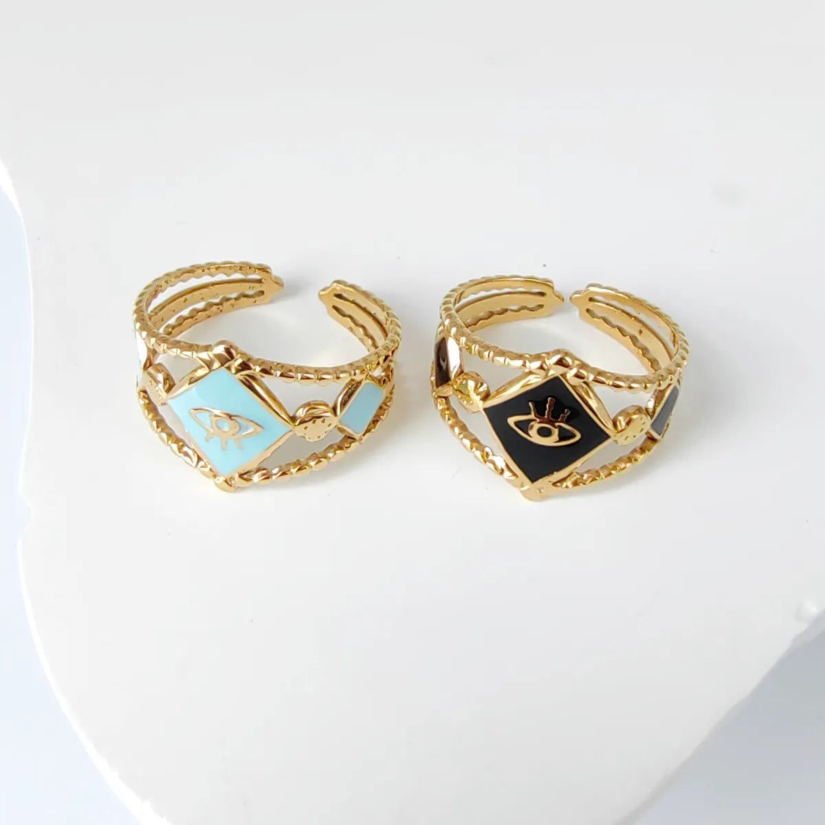 Wholesale Jewelry Casual Simple Style Leaves Eye 304 Stainless Steel 18K Gold Plated Enamel Hollow Out Open Rings