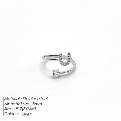 Wholesale Jewelry Casual Simple Style Letter 304 Stainless Steel Zircon 14K Gold Plated Inlay Open Rings