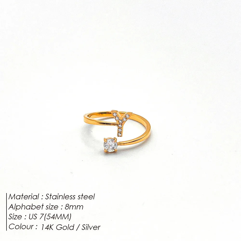 Wholesale Jewelry Casual Simple Style Letter 304 Stainless Steel Zircon 14K Gold Plated Inlay Open Rings