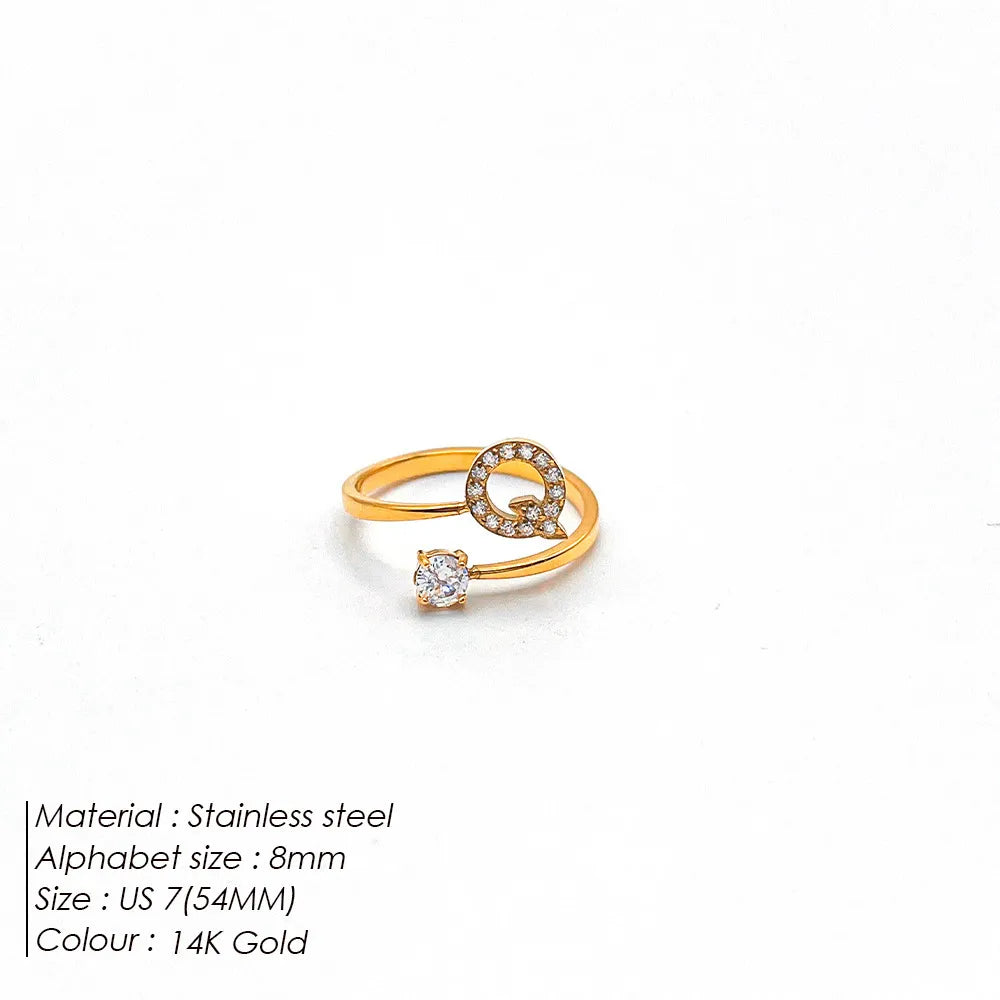 Wholesale Jewelry Casual Simple Style Letter 304 Stainless Steel Zircon 14K Gold Plated Inlay Open Rings