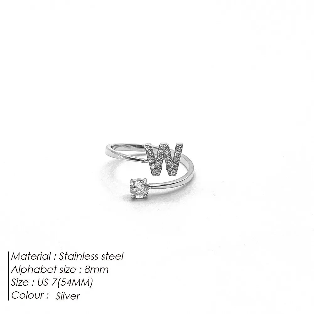 Wholesale Jewelry Casual Simple Style Letter 304 Stainless Steel Zircon 14K Gold Plated Inlay Open Rings