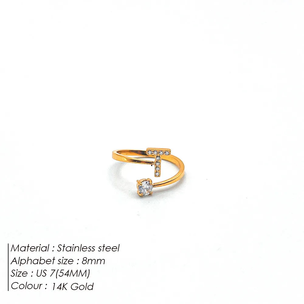 Wholesale Jewelry Casual Simple Style Letter 304 Stainless Steel Zircon 14K Gold Plated Inlay Open Rings