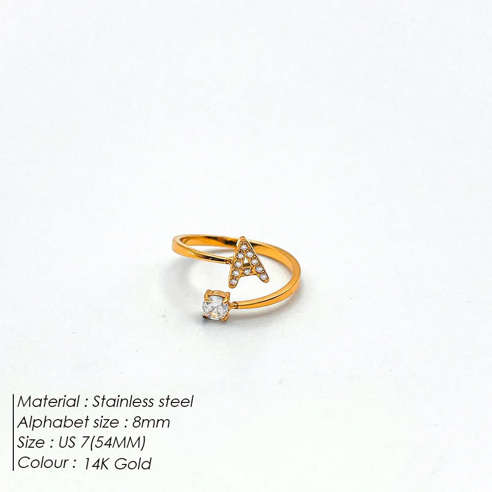 Wholesale Jewelry Casual Simple Style Letter 304 Stainless Steel Zircon 14K Gold Plated Inlay Open Rings