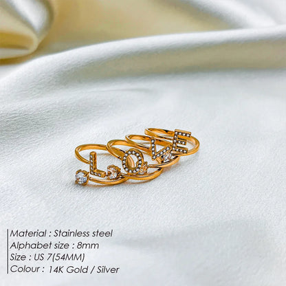 Wholesale Jewelry Casual Simple Style Letter 304 Stainless Steel Zircon 14K Gold Plated Inlay Open Rings