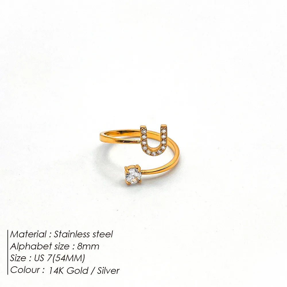 Wholesale Jewelry Casual Simple Style Letter 304 Stainless Steel Zircon 14K Gold Plated Inlay Open Rings