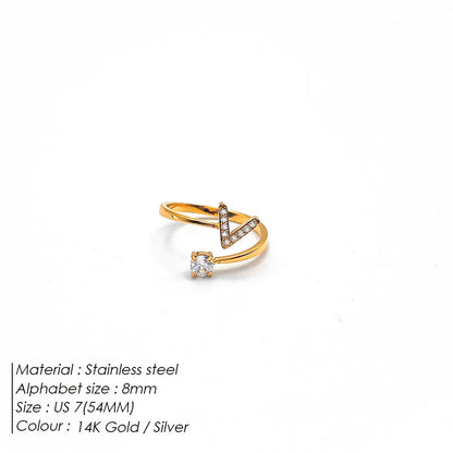 Wholesale Jewelry Casual Simple Style Letter 304 Stainless Steel Zircon 14K Gold Plated Inlay Open Rings