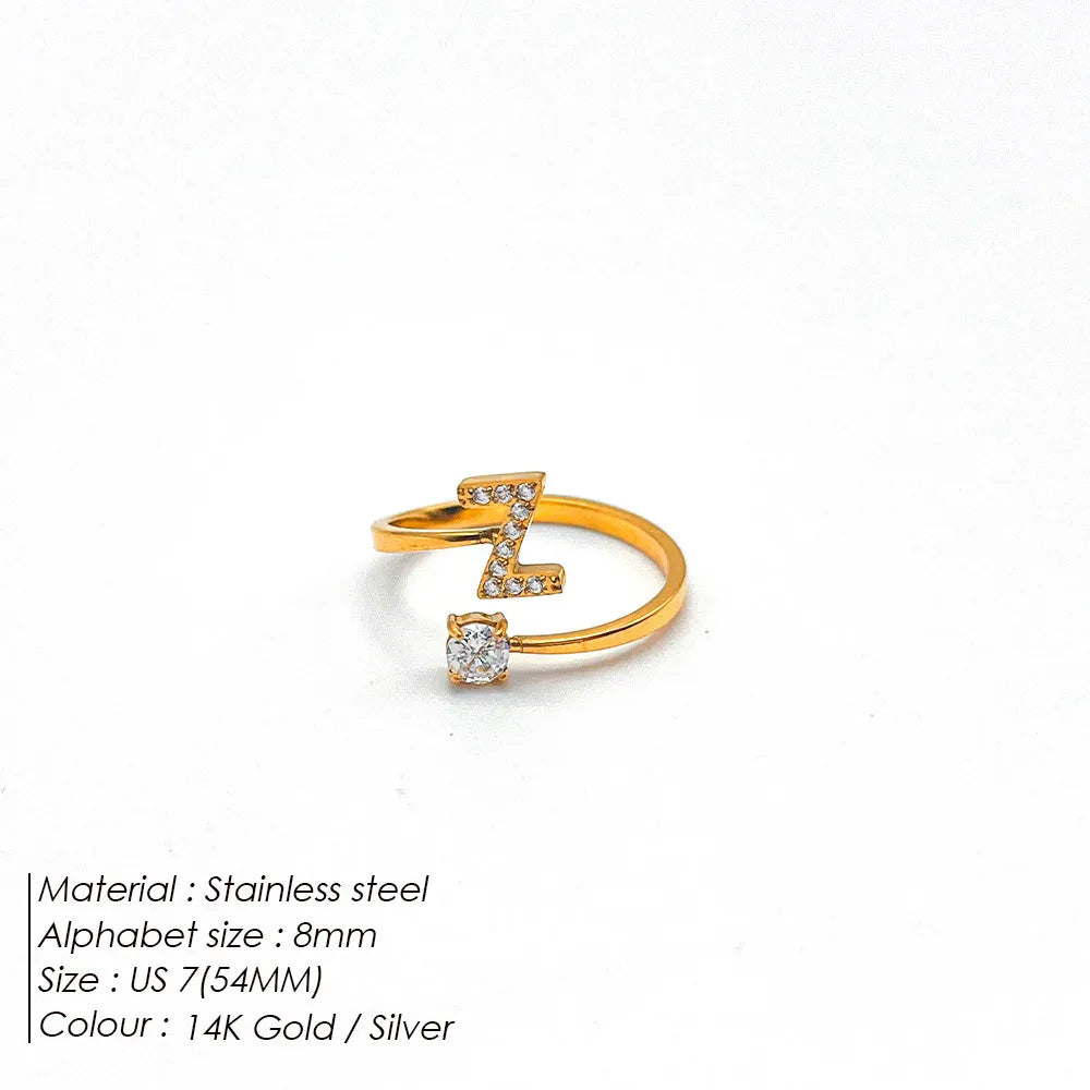 Wholesale Jewelry Casual Simple Style Letter 304 Stainless Steel Zircon 14K Gold Plated Inlay Open Rings