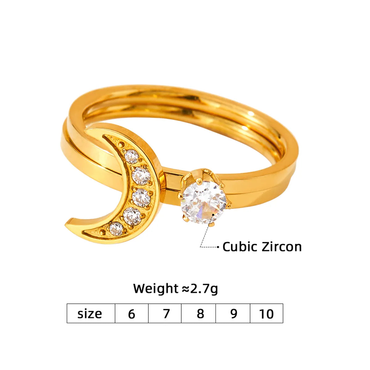 Wholesale Jewelry Casual Simple Style Moon 304 Stainless Steel Zircon 16K Gold Plated White Gold Plated Gold Plated Inlay Rings