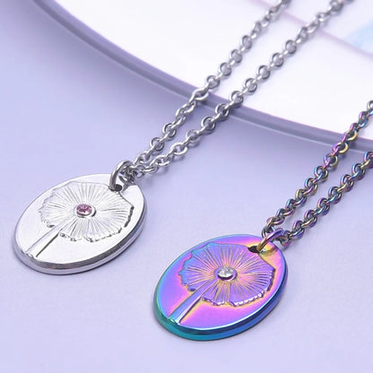 Wholesale Jewelry Casual Simple Style Oval Dandelion 304 Stainless Steel Rhinestones Plating Inlay Charms Pendant Necklace