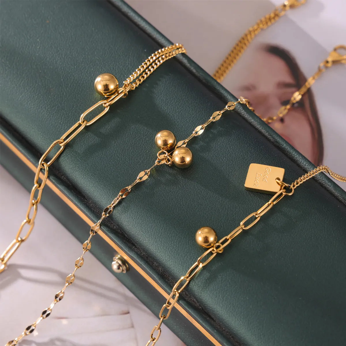 Wholesale Jewelry Casual Simple Style Round Square 304 Stainless Steel 18K Gold Plated Layered Anklet