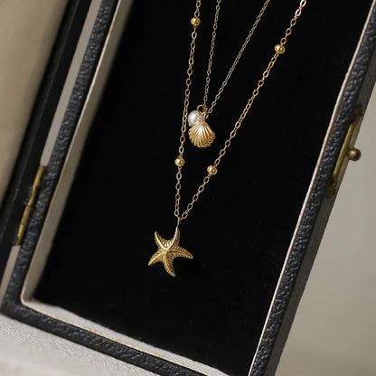 Wholesale Jewelry Casual Starfish Shell 201 Stainless Steel 304 Stainless Steel 18K Gold Plated Pearl Double Layer Necklaces