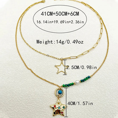 Wholesale Jewelry Casual Sweet Artistic Star Heart Shape 304 Stainless Steel Natural Stone Beads 14K Gold Plated Plating Inlay Three Layer Necklace