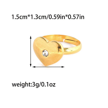 Wholesale Jewelry Casual Sweet Heart Shape 304 Stainless Steel Rhinestones 14K Gold Plated Inlay Open Rings