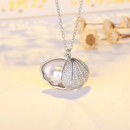 Wholesale Jewelry Casual Sweet Shell 304 Stainless Steel Pearl Zircon 18K Gold Plated Inlay Pendant Necklace