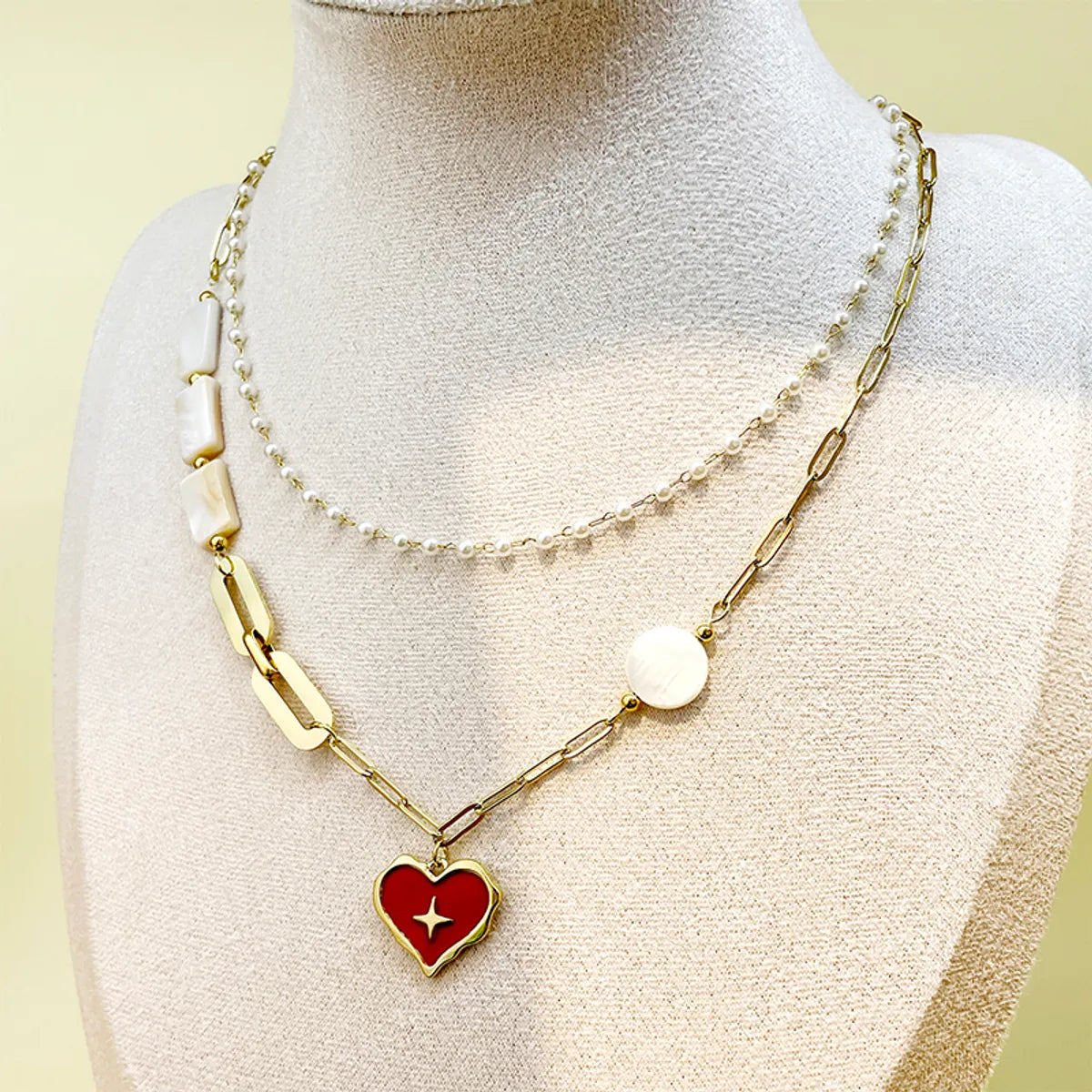 Wholesale Jewelry Casual Sweet Square Heart Shape Eye 304 Stainless Steel Pearl 14K Gold Plated Layered Plating Three Layer Necklace