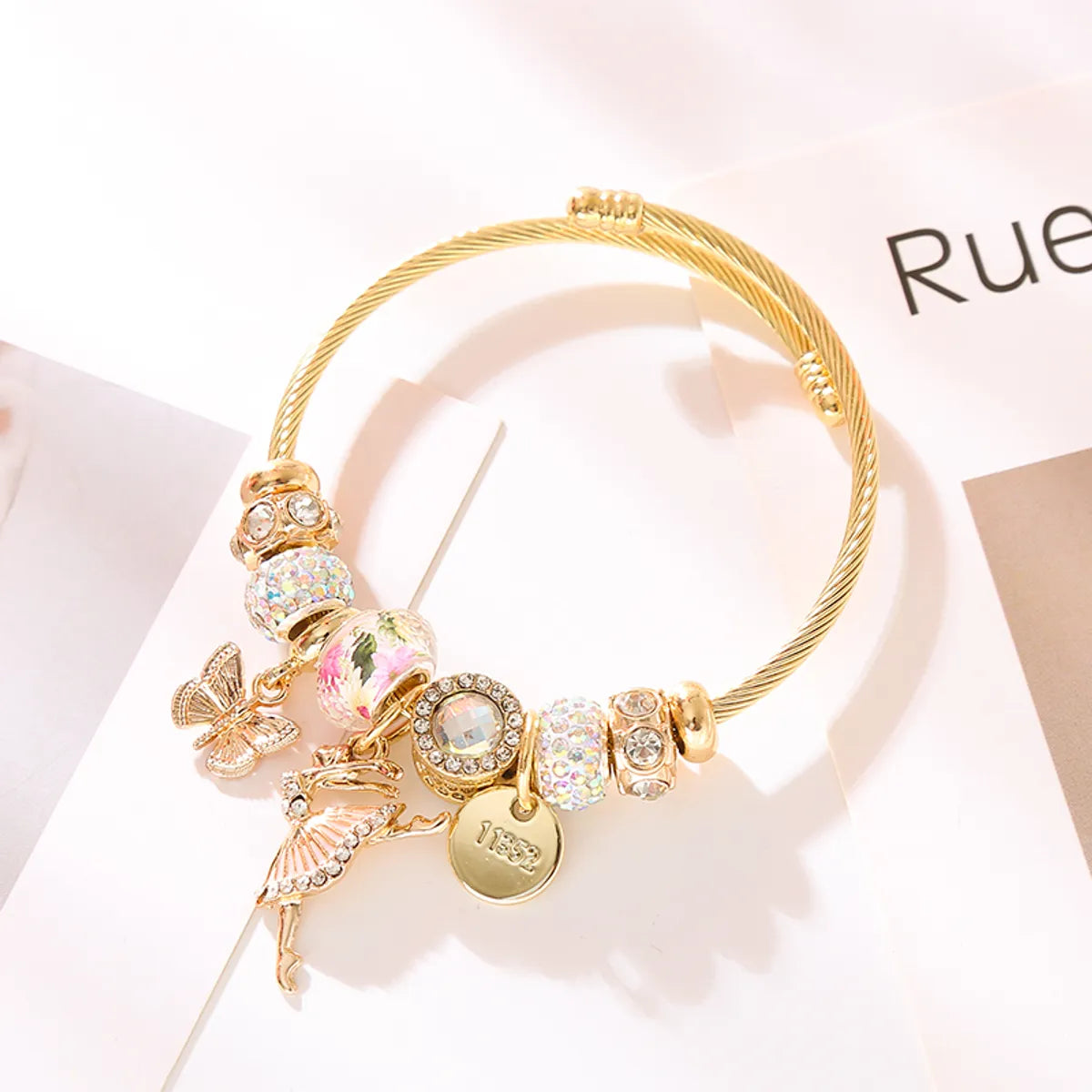 Casual Vacation Classic Style Cartoon Character Butterfly Gold Plated Rhinestones 304 Stainless Steel Alloy Wholesale Bangle